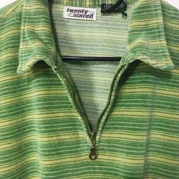 Twenty Six Red Vintage 90’s Mens Green Yellow Striped 1/4 Zip Polo Size Large - Picture 4 of 12